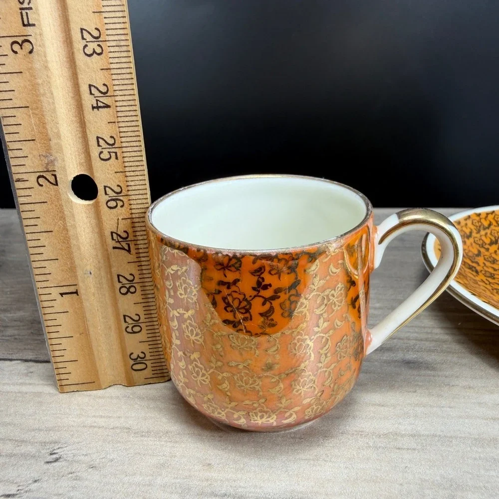 Alka Bavaria Germany Demitasse Cup Saucer‎ Set Orange Luster Gold Filigree VTG